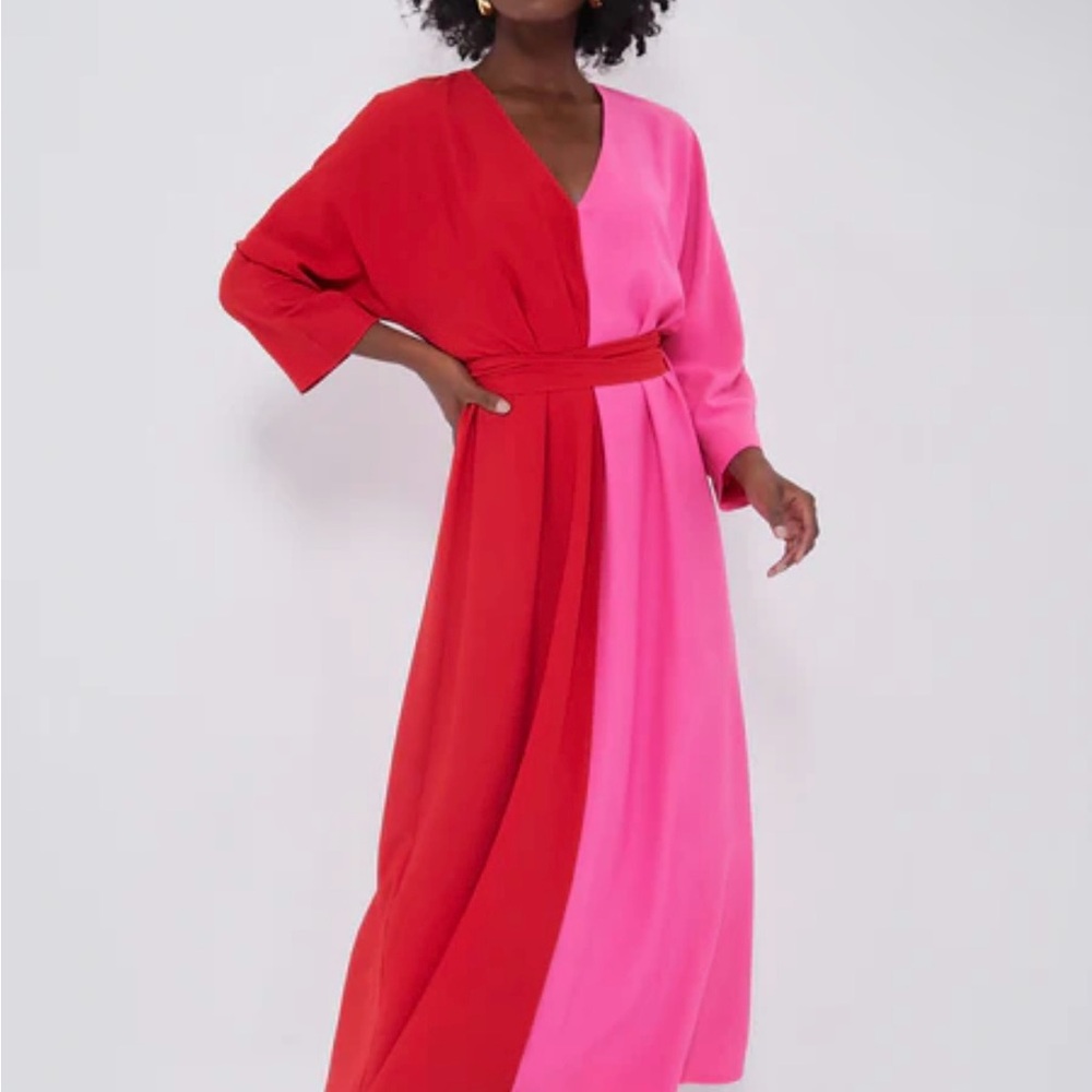 Tuckernuck Colorblock Maxi Dress Red Pink Caftan V Neck Long Sleeve XS